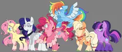 Size: 1600x692 | Tagged: safe, artist:taaffeiite, derpibooru import, applejack, fluttershy, pinkie pie, rainbow dash, rarity, twilight sparkle, classical unicorn, earth pony, pegasus, pony, unicorn, leak, spoiler:g5, alternate color palette, alternate cutie mark, alternate eye color, alternate hair color, alternate hairstyle, alternate universe, applejack (g5), bandana, beauty mark, choker, cloven hooves, collar, colored wings, colored wingtips, dappled, dock, ear fluff, ear piercing, earring, earth pony twilight, excited, eyeshadow, female, floppy ears, flower, flower in hair, fluttershy (g5), flying, frown, g5, gradient eyes, gray background, grin, happy, hoof fluff, jewelry, leonine tail, lidded eyes, looking at you, looking down, makeup, mane six, mane six (g5), mare, neckerchief, necklace, nervous, pale belly, pegasus pinkie pie, piercing, pigtails, pinkie pie (g5), ponytail, race swap, rainbow dash (g5), raised hoof, raised leg, rarity (g5), shivering, simple background, smiling, socks (coat marking), spoiler, spread wings, squee, tail feathers, trembling, twilight sparkle (g5), unamused, unicorn fluttershy, unshorn fetlocks, unsure, wall of tags, wide eyes, wings, worried