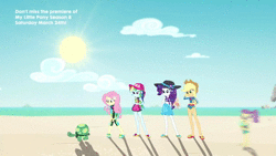 Size: 1280x720 | Tagged: safe, derpibooru import, screencap, applejack, derpy hooves, fluttershy, lily pad (equestria girls), rainbow dash, rarity, tank, valhallen, water lily (equestria girls), tortoise, aww... baby turtles, equestria girls, equestria girls series, animated, baby, background human, belly button, clothes, feet, flip-flops, food, geode of fauna, geode of shielding, geode of super speed, geode of super strength, ice cream, magical geodes, midriff, one-piece swimsuit, piggyback ride, rock horse, sandals, sound, swimsuit, time lapse, webm, young