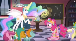 Size: 1250x675 | Tagged: chalkboard, cropped, derpibooru import, dinky hooves, edit, edited screencap, fundamentals of magic✨ w/ princess celestia, implied rarity, jewelry, pinkie pie, princess celestia, princess celestia's school for gifted unicorns, ruby pinch, safe, screencap, snails, snips, speech bubble, sun glimmer, sweetie green, text, youtube screencap