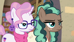 Size: 1920x1080 | Tagged: safe, derpibooru import, screencap, minty mocha, raspberry latte, earth pony, pony, unicorn, the parent map, animated, bathrobe, bookstore, clothes, discovery family logo, duo, ear piercing, earring, female, glasses, gritted teeth, haha no, jewelry, lidded eyes, mare, piercing, reaction image, robe, scarf, sire's hollow, sound, webm