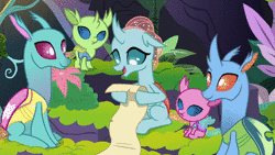 Size: 1920x1080 | Tagged: safe, derpibooru import, screencap, axilla, carapace (character), lumbar, ocellus, spiracle, changedling, changeling, nymph, the hearth's warming club, animated, blinking, cute, cuteling, diaocelles, diving, eyes closed, fruit punch, hoof hold, jumping, laughing, lidded eyes, literal, open mouth, pun, punch, scroll, silly, sitting, smiling, sound, sweet dreams fuel, swimming, swimming pool, talking, visual pun, webm