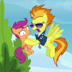 Size: 548x548 | Tagged: safe, derpibooru import, edit, edited screencap, screencap, scootaloo, spitfire, the washouts (episode), abuse, animated, cropped, female, glasses, scootabuse, shaking, sound, the grim adventures of billy and mandy, tree, webm