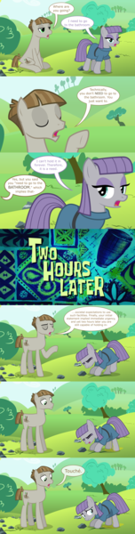 Size: 5500x21656 | Tagged: questionable, artist:ithinkitsdivine, derpibooru import, maud pie, mudbriar, earth pony, pony, absurd resolution, accident, clothes, comic, desperation, dialogue, don't look now, dress, duo, female, male, mare, need to pee, omorashi, pissing, pissing on self, potty dance, potty emergency, potty failure, potty time, puddle, rock, show accurate, spongebob squarepants, spongebob time card, stallion, technically, trotting, trotting in place, urine, wetting