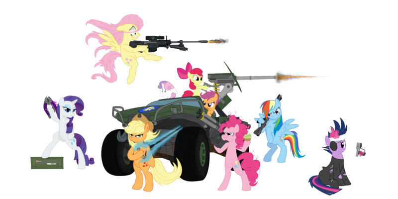 Size: 20000x10000 | Tagged: safe, artist:yognaughtsteve, derpibooru import, apple bloom, applejack, fluttershy, pinkie pie, rainbow dash, rarity, scootaloo, sweetie belle, twilight sparkle, pony, absurd resolution, cutie mark crusaders, future twilight, gun, halo, handgun, machine gun, mane six, pistol, simple background, transparent background, weapon