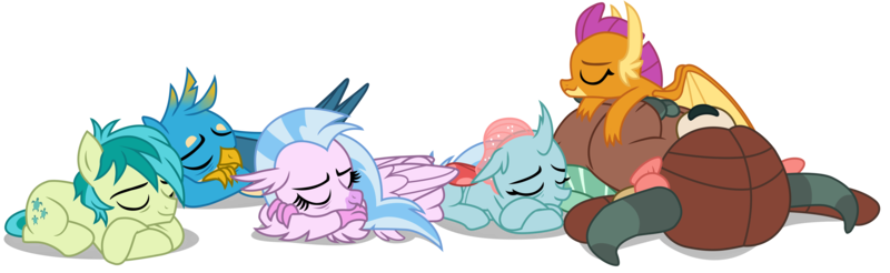 Size: 21860x6716 | Tagged: safe, artist:ejlightning007arts, derpibooru import, gallus, ocellus, sandbar, silverstream, smolder, yona, changedling, changeling, classical hippogriff, dragon, earth pony, gryphon, hippogriff, pony, yak, what lies beneath, absurd resolution, dragoness, eyes closed, female, group, male, simple background, sleeping, student six, transparent background, vector