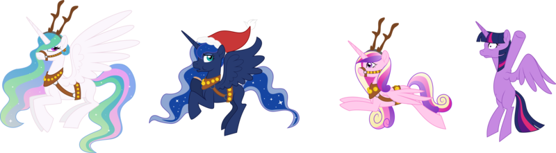 Size: 16377x4522 | Tagged: safe, artist:lunarcombustion, derpibooru import, princess cadance, princess celestia, princess luna, twilight sparkle, twilight sparkle (alicorn), alicorn, deer, pony, reindeer, .svg available, alicorn tetrarchy, antlers, bell, bridle, christmas, female, harness, holiday, reindeer antlers, reins, simple background, sleigh bells, spread wings, tack, transparent background, vector, wings