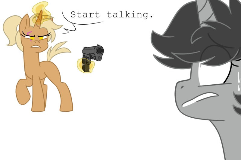 Size: 2400x1600 | Tagged: safe, artist:taaffeiite, derpibooru import, oc, oc:dossier, oc:pathfinder, unofficial characters only, pony, unicorn, fanfic:shadow of equestria, dialogue, duo, female, gun, m1911, magic, mare, nervous, scar, scene interpretation, simple background, telekinesis, threatening, transparent background, weapon