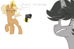 Size: 2400x1600 | Tagged: safe, artist:taaffeiite, derpibooru import, oc, oc:dossier, oc:pathfinder, unofficial characters only, pony, unicorn, fanfic:shadow of equestria, dialogue, duo, female, gun, m1911, magic, mare, nervous, scar, scene interpretation, simple background, telekinesis, threatening, transparent background, weapon