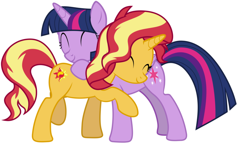 Size: 16302x9965 | Tagged: safe, artist:famousmari5, derpibooru import, sunset shimmer, twilight sparkle, twilight sparkle (alicorn), alicorn, pony, unicorn, equestria girls, equestria girls series, spring breakdown, spoiler:eqg series (season 2), absurd resolution, eyes closed, hug, simple background, smiling, transparent background, vector