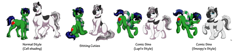 Size: 20000x4500 | Tagged: safe, artist:lupiarts, artist:snoopystallion, derpibooru import, oc, oc:lupi, oc:lupiarts, oc:snoopy stallion, unofficial characters only, pony, adorable face, clothes, collaboration, collar, comic sins, cute, digital art, female, glasses, male, sassy, scarf, sitting, style, style comparison, tongue out