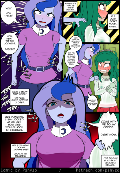 Size: 1485x2145 | Tagged: questionable, artist:pshyzomancer, derpibooru import, princess luna, wallflower blush, comic:public wallflower, equestria girls, blushing, breasts, busty wallflower blush, caught, clothes, colored, comic, dialogue, embarrassed, erect nipples, exhibitionism, exhibitionist wallflower, female, implied vaginal secretions, jojo's bizarre adventure, menacing, nipple outline, nipples, nudity, partial nudity, see-through, skirt, soaked, socks, sweat, text, thrill of almost being caught, vice principal luna, ゴ ゴ ゴ