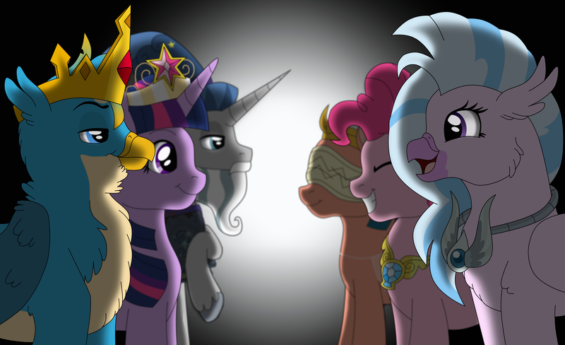 Size: 16403x10000 | Tagged: safe, artist:faitheverlasting, derpibooru import, gallus, pinkie pie, silverstream, somnambula, star swirl the bearded, twilight sparkle, twilight sparkle (alicorn), alicorn, gryphon, hippogriff, pony, absurd file size, absurd resolution, amulet, amulet of aurora, big crown thingy, crown, crown of grover, element of laughter, element of magic, good end, jewelry, journal, king gallus, regalia, somnambula's blindfold, starswirl's book