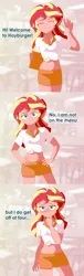 Size: 6060x19986 | Tagged: suggestive, artist:vidorii, derpibooru import, sunset shimmer, human, equestria girls, absurd resolution, bedroom eyes, belly button, blushing, breasts, burger, clothes, female, food, front knot midriff, hands on hip, hay burger, lidded eyes, looking at you, midriff, skirt, smiling, solo, text