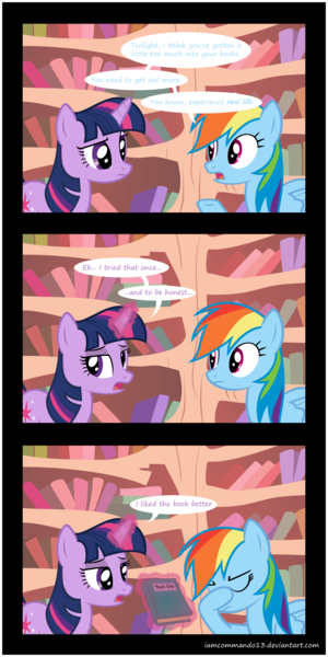 Size: 8694x17401 | Tagged: absurd resolution, artist:iamcommando13, book, comic, derpibooru import, facehoof, golden oaks library, library, pun, rainbow dash, safe, twilight sparkle