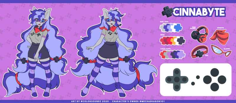 Size: 17597x7653 | Tagged: adorkable, anthro, artist:ask-colorsound, bandana, clothes, commission, controller, cute, derpibooru import, dork, gamecube controller, gaming headset, glasses, headphones, headset, oc, oc:cinnabyte, reference sheet, safe, smiling, socks, striped socks, thigh highs, zettai ryouiki