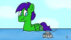 Size: 1366x768 | Tagged: safe, artist:raulixevergreen, derpibooru import, oc, oc:raulix evergreen, pegasus, pony, boat, cute, day, giant pegasus, giant pony, honk, macro, mega giant, ocean, swimming