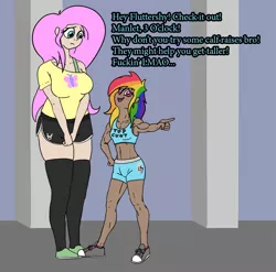 Size: 900x888 | Tagged: artist:slamjam, belly button, breasts, busty fluttershy, clothes, converse, delicious flat chest, derpibooru import, duo, duo female, female, fluttershy, human, humanized, larger female, muscles, offscreen character, rainbow dash, rainbow douche, rainbow flat, rainbuff dash, safe, shoes, size difference, smaller female, tall, tallershy, text, top cunt, vulgar