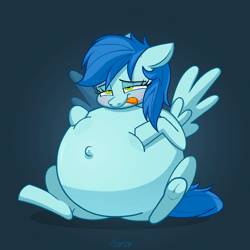 Size: 800x800 | Tagged: suggestive, artist:metalface069, derpibooru import, oc, oc:soft cloud, pegasus, animated, belly, belly hug, big belly, commission, fat, implied vore, lidded eyes, pegasus oc, sitting, tongue out, vore, wings, ych result
