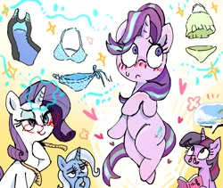 Size: 1900x1600 | Tagged: safe, artist:nendo, derpibooru import, rarity, starlight glimmer, trixie, twilight sparkle, alicorn, pony, unicorn, adorable distress, beach, bikini, blood, blue swimsuit, blushing, clothes, cute, embarrassed, female, floating, glasses, glowing horn, horn, levitation, magic, mare, measuring tape, nervous, nosebleed, one-piece swimsuit, pictogram, polka dot swimsuit, raised hoof, school swimsuit, side-tie bikini, smiling, string bikini, sweat, sweatdrop, swimsuit, telekinesis