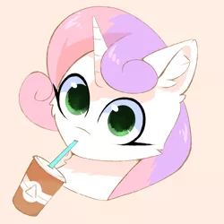 Size: 1500x1500 | Tagged: safe, artist:glazirka, derpibooru import, sweetie belle, pony, unicorn, bust, cheek fluff, disembodied head, drink, drinking, ear fluff, female, looking at you, simple background, solo, straw