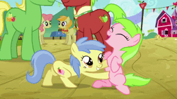 Size: 576x324 | Tagged: safe, derpibooru import, screencap, apple cinnamon, apple flora, gala appleby, jonagold, marmalade jalapeno popette, pink lady, sweet tooth, wensley, earth pony, pony, apple family reunion, animated, apple family member, bellyrubs, candy caramel tooth, candy cawwramel tooth, cute, diabetes, duo focus, eyes closed, female, filly, florabetes, gif, grin, hnnng, male, mare, open mouth, sitting, smiling, stallion, tickling, underhoof
