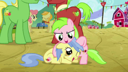 Size: 576x324 | Tagged: safe, derpibooru import, screencap, apple cinnamon, apple flora, gala appleby, jonagold, marmalade jalapeno popette, sweet tooth, wensley, pony, apple family reunion, animated, apple family member, cute, diabetes, eyes closed, female, filly, gif, grin, male, mare, noogie, open mouth, sitting, smiling, stallion, underhoof