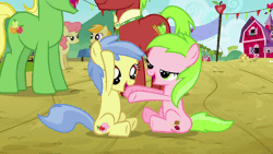 Size: 576x324 | Tagged: safe, derpibooru import, screencap, apple cinnamon, apple flora, gala appleby, jonagold, marmalade jalapeno popette, sweet tooth, wensley, pony, apple family reunion, animated, apple family member, cute, diabetes, eyes closed, female, filly, gif, grin, hoofbump, male, mare, open mouth, sitting, smiling, stallion, underhoof