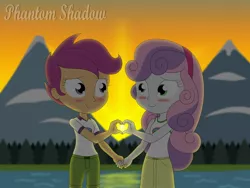 Size: 1920x1440 | Tagged: safe, artist:phantomshadow051, derpibooru import, scootaloo, sweetie belle, equestria girls, camp everfree, female, heart hands, lesbian, scootabelle, shipping, sunset