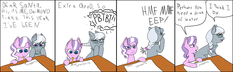 Size: 7000x2160 | Tagged: safe, artist:zhaozoharex, derpibooru import, diamond tiara, silver spoon, earth pony, pony, blatant lies, calvin and hobbes, colored, comic, diamond tiara is not amused, duo, female, filly, flat colors, glasses, high res, jewelry, laughing, letter, missing cutie mark, mouth hold, mouth writing, necklace, pearl necklace, pencil, ponytail, simple background, white background