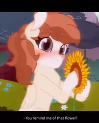 Size: 1280x1586 | Tagged: artist:moonlightdisney5, blushing, derpibooru import, eyebrows, eye clipping through hair, flower, looking at you, oc, oc:summer days, pegasus, safe, solo, sunflower