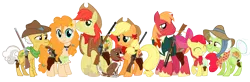 Size: 7377x2415 | Tagged: safe, artist:three uncle, derpibooru import, edit, apple bloom, applejack, big macintosh, bright mac, grand pear, granny smith, pear butter, winona, dog, earth pony, apple, bandana, bow, cactus, clothes, costume, cowboy, cowboy hat, desert, family, family photo, father and child, father and daughter, father and son, female, flower, flower in hair, food, grandfather and grandchild, grandmother and grandchild, gun, hair bow, handgun, hat, male, mother and child, mother and daughter, mother and son, revolver, rifle, scenery, shotgun, smiling, smiling at you, weapon