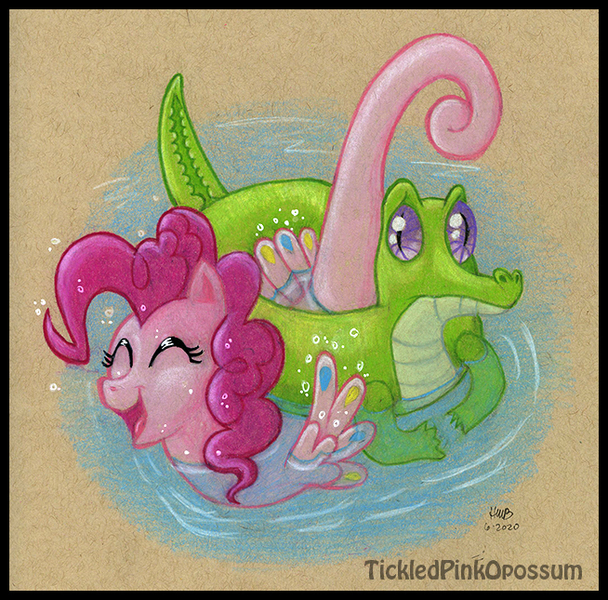 Size: 654x645 | Tagged: artist:tickledpinkopossum, derpibooru import, gummy, inner tube, pinkie pie, safe, seaponified, sea pony, seapony (g4), seapony pinkie pie, species swap, traditional art