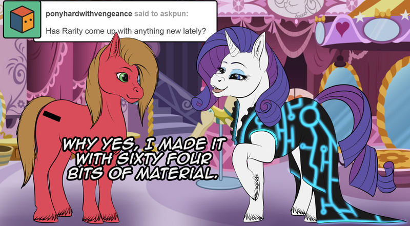 Size: 1200x661 | Tagged: safe, artist:arcanafox, derpibooru import, rarity, oc, oc:pun, pony, ask pun, ask, clothes, dress, tron