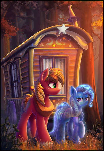 Size: 2100x3028 | Tagged: safe, artist:atlas-66, derpibooru import, big macintosh, trixie, earth pony, ghost, pony, spider, undead, unicorn, fanfic:the empty room, fanfic art, female, forest, grass, male, mare, stallion, tree, trixie's wagon, wood