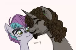 Size: 872x568 | Tagged: safe, alternate version, artist:hippykat13, derpibooru import, oc, oc:kitty sweet, oc:silence, unofficial characters only, pegasus, pony, unicorn, boop, confused, digital art, dimples, ear piercing, earring, facial hair, freckles, glasses, jewelry, partial heterochromia, piercing, snoot, traditional art