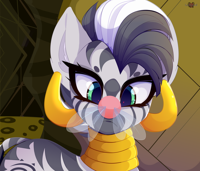 Size: 4680x4000 | Tagged: absurd resolution, artist:xsatanielx, cute, derpibooru import, female, insect on nose, looking at something, parasprite, safe, scene interpretation, swarm of the century, zebra, zecora, zecorable