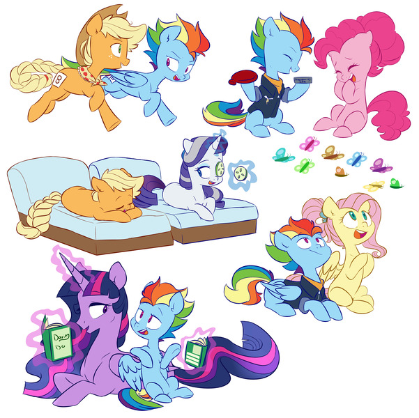 Size: 4811x4803 | Tagged: safe, artist:chub-wub, derpibooru import, applejack, fluttershy, pinkie pie, princess twilight 2.0, rainbow dash, rarity, twilight sparkle, twilight sparkle (alicorn), alicorn, butterfly, earth pony, insect, pegasus, unicorn, the last problem, alternate hairstyle, book, cowboy hat, cucumber, cucumber monocle, cucumber pirate, cute, eyes closed, food, glowing horn, hat, hoof hold, horn, laughing, magic, mane six, neckerchief, older, older applejack, older fluttershy, older mane six, older pinkie pie, older rainbow dash, older rarity, older twilight, simple background, sleeping, smiling, spa, telekinesis, white background, whoopee cushion