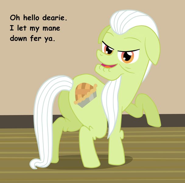 Size: 2535x2500 | Tagged: safe, artist:birdco, derpibooru import, granny smith, earth pony, pony, alternate hairstyle, butt, female, lidded eyes, looking back, loose hair, plot, raised hoof, solo