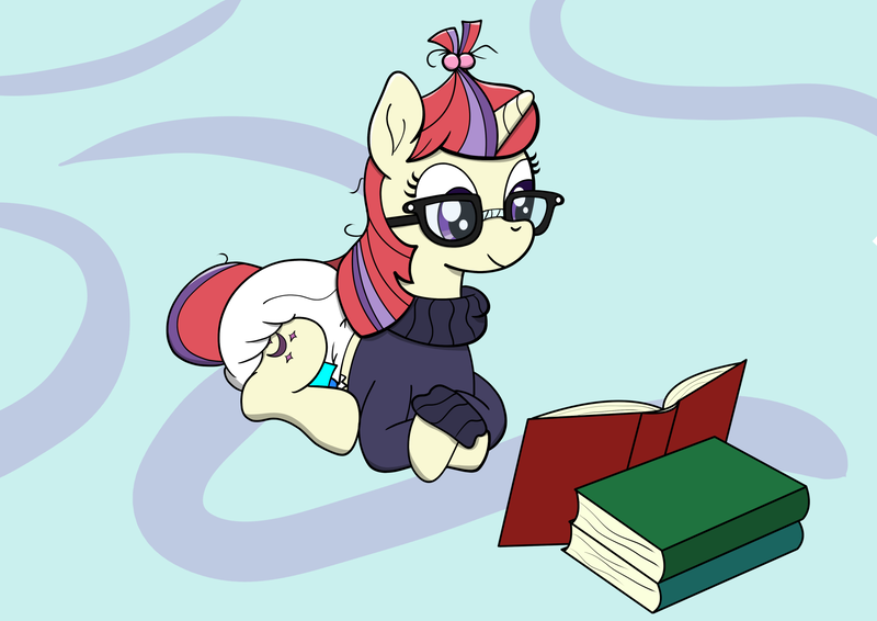 Size: 1912x1352 | Tagged: suggestive, artist:diaperdude, derpibooru import, moondancer, unicorn, abdl, adult foal, book, diaper, diaper fetish, female, fetish, non-baby in diaper, poofy diaper, reading