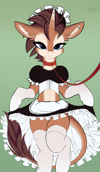 Size: 2643x4514 | Tagged: suggestive, artist:airfly-pony, derpibooru import, oc, oc:case, pony, unicorn, bipedal, cheek fluff, clothes, collar, ear fluff, elepatrium, female, leash, leonine tail, long ears, looking at you, maid, pale belly, pet play, raised skirt, socks, universe elepatrium