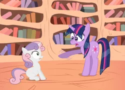 Size: 1497x1080 | Tagged: safe, artist:birdco, derpibooru import, sweetie belle, twilight sparkle, pony, unicorn, female, filly, golden oaks library, library, pointing, unicorn twilight, wet, wet mane