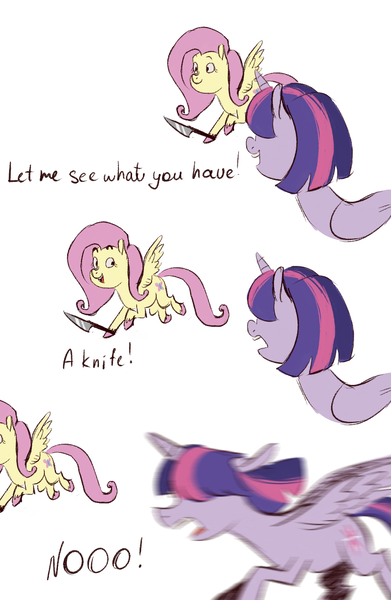 Size: 944x1448 | Tagged: safe, artist:kazachokolate, derpibooru import, fluttershy, twilight sparkle, twilight sparkle (alicorn), alicorn, pegasus, pony, my little pony: pony life, comic, dialogue, duo, female, knife, mare, meme, meme origin, ponified meme, simple background, vine video, white background