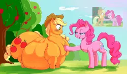 Size: 2750x1602 | Tagged: suggestive, artist:sirmasterdufel, derpibooru import, edit, edited screencap, screencap, applejack, pinkie pie, earth pony, pony, the mane attraction, amplejack, applebutt, applefat, belly on floor, bingo wings, blushing, butt, chubby cheeks, duo, fat, fat fetish, female, fetish, flabby chest, lidded eyes, looking at each other, mare, morbidly obese, obese, open mouth, rolls of fat, scene interpretation, scenery, screencap reference, smiling, squishy chest, tongue out