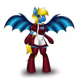 Size: 4000x4000 | Tagged: safe, artist:skairsy, derpibooru import, oc, oc:aliax smily, unofficial characters only, anthro, bat pony, unguligrade anthro, arm hooves, bat pony oc, bat wings, boob window, breasts, cleavage, clothes, commission, crossdressing, dress, fake breasts, gloves, hoof gloves, image, jpeg, long gloves, maid, male, socks, spread wings, thigh highs, wings, ych result