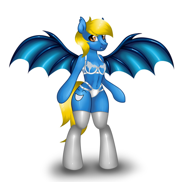 Size: 4000x4000 | Tagged: suggestive, artist:skairsy, derpibooru import, oc, oc:aliax smily, unofficial characters only, anthro, bat pony, pony, unguligrade anthro, bat pony oc, bat wings, bra, bra on pony, clothes, commission, crossdressing, cute, lacy underwear, lingerie, male, socks, spread wings, thigh highs, underwear, wings, ych result