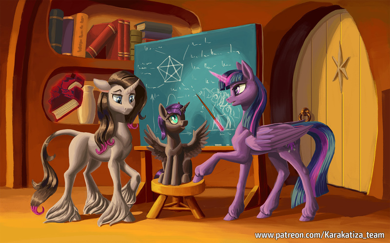 Size: 1920x1200 | Tagged: safe, artist:kirillk, derpibooru import, oleander (tfh), twilight sparkle, twilight sparkle (alicorn), oc, oc:nyx, alicorn, pony, unicorn, them's fightin' herds, book, bookshelf, chalkboard, community related, unshorn fetlocks