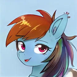 Size: 1024x1024 | Tagged: safe, artist:thisponydoesnotexist, derpibooru import, machine learning generated, oc, unofficial characters only, earth pony, pony, artificial intelligence, blue background, ear piercing, earring, female, image, jewelry, jpeg, mare, multicolored hair, neural network, not rainbow dash, open mouth, piercing, rainbow hair, simple background, solo