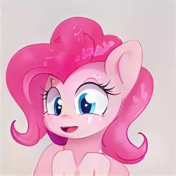 Size: 1024x1024 | Tagged: safe, artist:thisponydoesnotexist, derpibooru import, machine learning generated, oc, unofficial characters only, pony, artificial intelligence, female, image, jpeg, mare, neural network, not pinkie pie, open mouth, pink background, raised hoof, simple background, solo