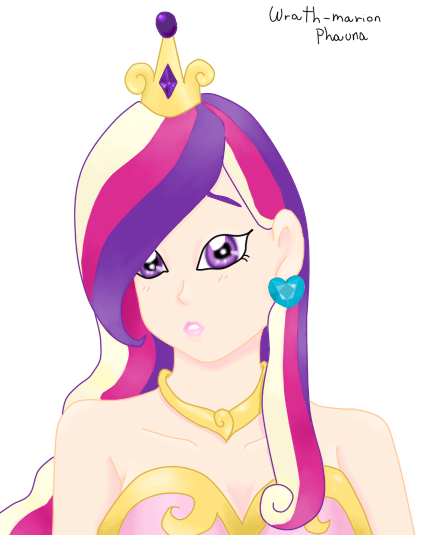 Size: 421x535 | Tagged: artist:wrath-marionphauna, clothes, corset, crown, derpibooru import, digital art, ear piercing, earring, female, human, humanized, jewelry, piercing, princess cadance, regalia, safe, simple background, solo, worried