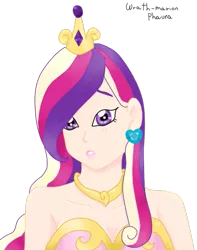 Size: 421x535 | Tagged: artist:wrath-marionphauna, clothes, corset, crown, derpibooru import, digital art, ear piercing, earring, female, human, humanized, jewelry, piercing, princess cadance, regalia, safe, simple background, solo, worried